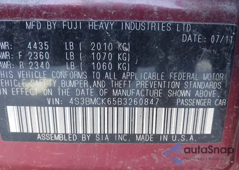 2011 Subaru Legacy 2.5I Limited from USA, damaged, VIN 4S3BMCK65B3260847